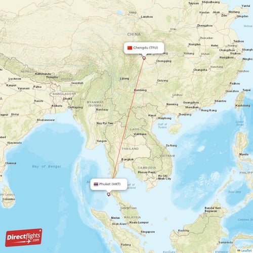 Chengdu - Phuket direct flight map