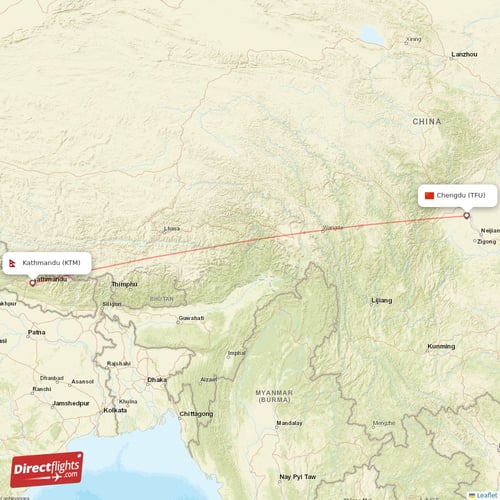Chengdu - Kathmandu direct flight map