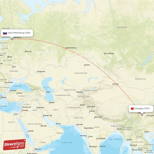 Chengdu - Saint Petersburg direct flight map