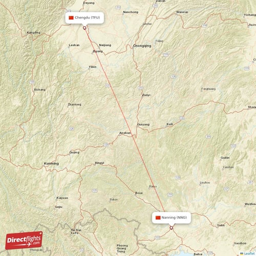 Chengdu - Nanning direct flight map