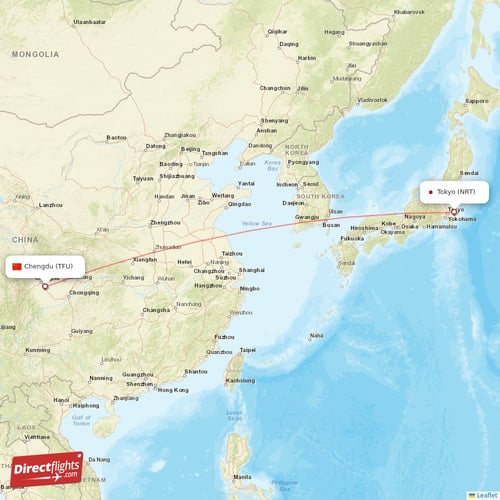 Chengdu - Tokyo direct flight map