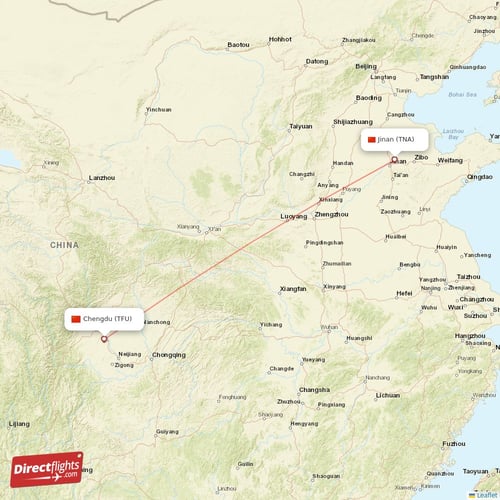 Chengdu - Jinan direct flight map