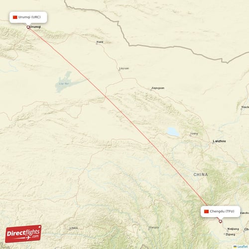 Chengdu - Urumqi direct flight map