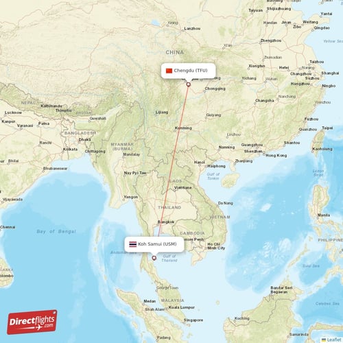 Chengdu - Koh Samui direct flight map