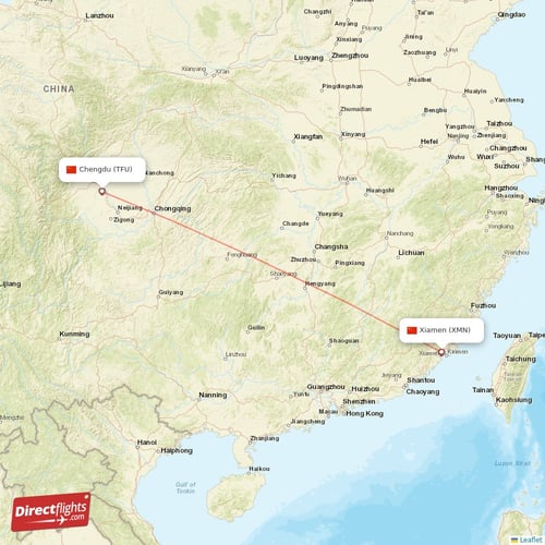 Chengdu - Xiamen direct flight map