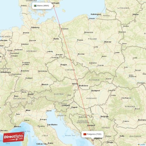 Podgorica - Malmo direct flight map