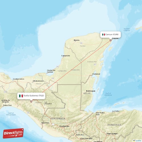 Tuxtla Gutierrez - Cancun direct flight map