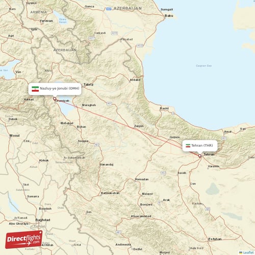 Tehran - Nazluy-ye Jonubi direct flight map