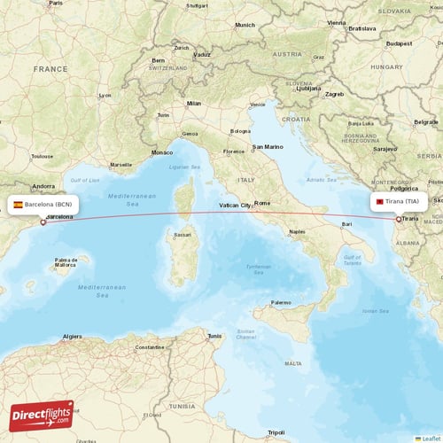 Tirana - Barcelona direct flight map
