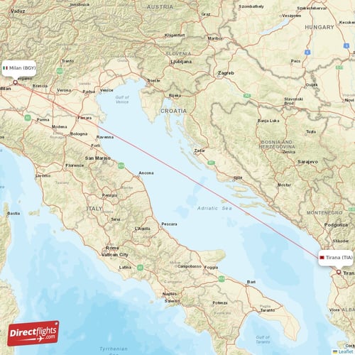 Tirana - Milan direct flight map