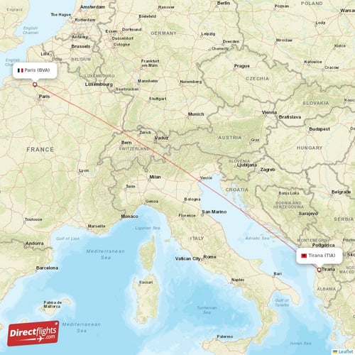 Tirana - Paris direct flight map