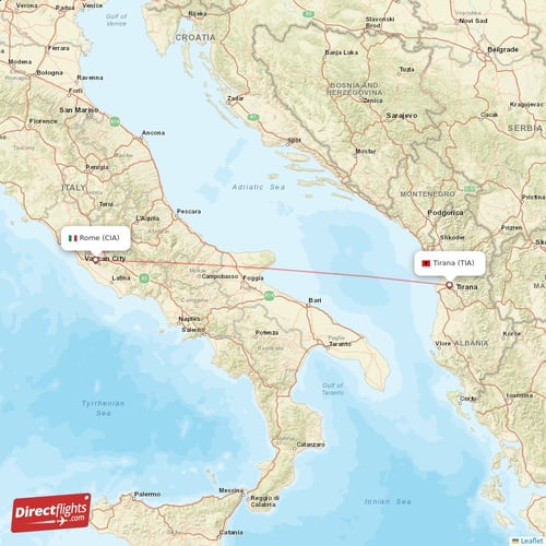 Tirana - Rome direct flight map