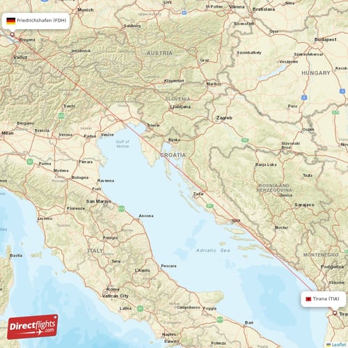 Tirana - Friedrichshafen direct flight map