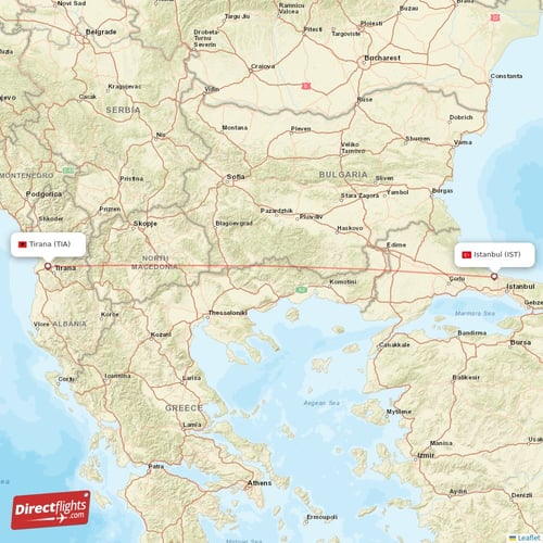 Tirana - Istanbul direct flight map
