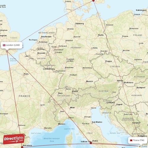 Tirana - London direct flight map