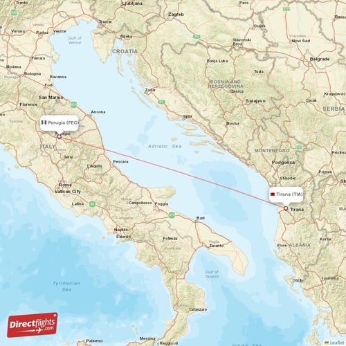 Tirana - Perugia direct flight map