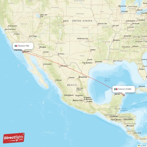 Tijuana - Cancun direct flight map