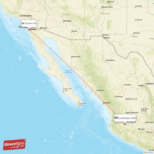Tijuana - Guadalajara direct flight map