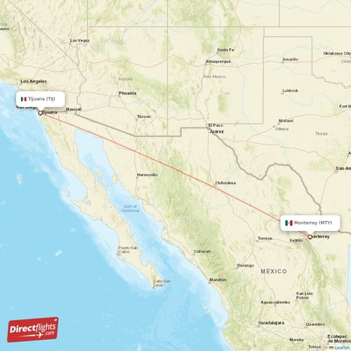 Tijuana - Monterrey direct flight map