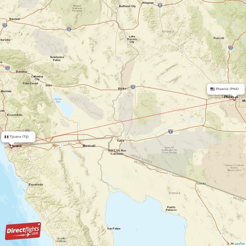 Tijuana - Phoenix direct flight map