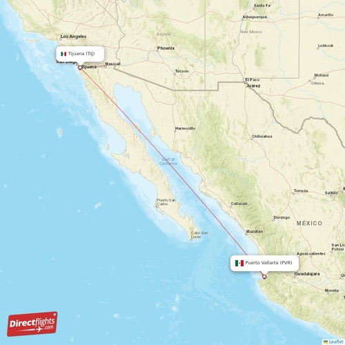 Tijuana - Puerto Vallarta direct flight map