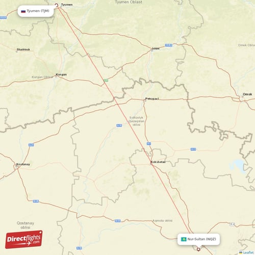 Tyumen - Astana direct flight map