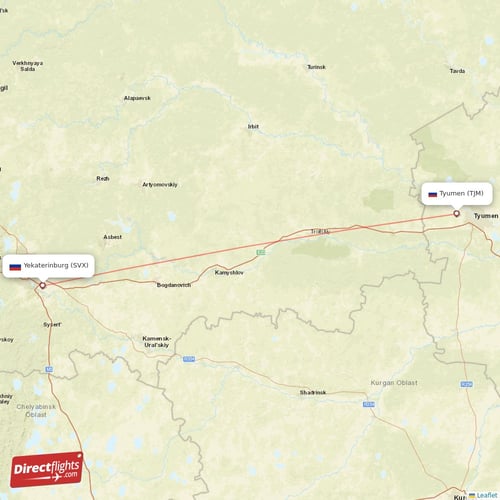Tyumen - Yekaterinburg direct flight map