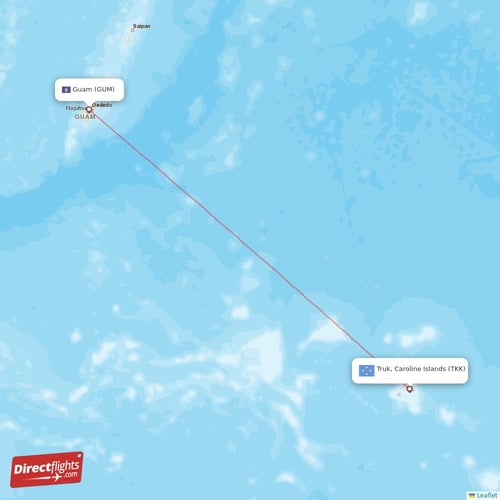 Truk, Caroline Islands - Guam direct flight map