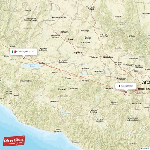 Toluca - Guadalajara direct flight map
