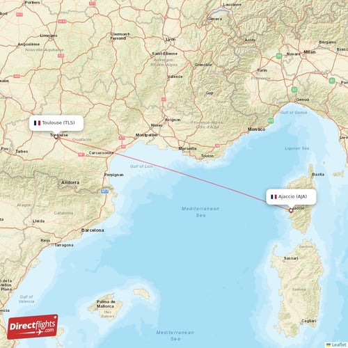 Toulouse - Ajaccio direct flight map