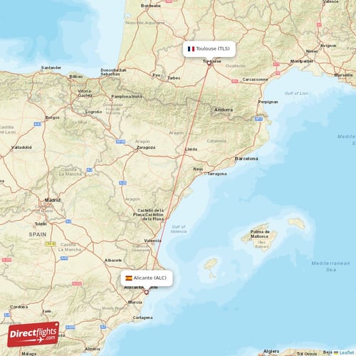 Toulouse - Alicante direct flight map
