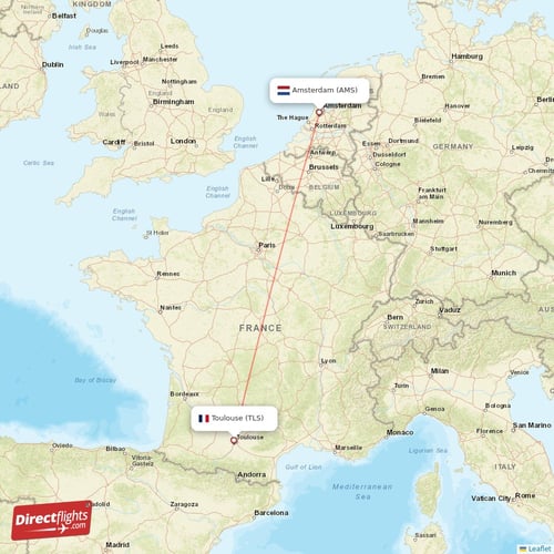 Toulouse - Amsterdam direct flight map