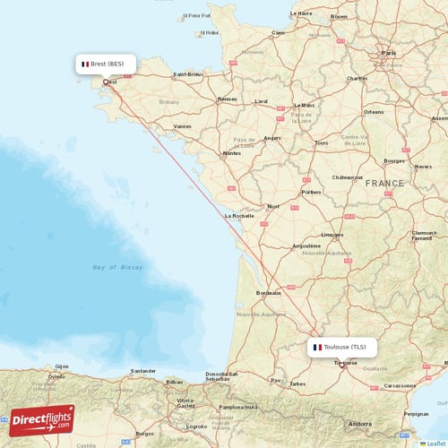 Toulouse - Brest direct flight map