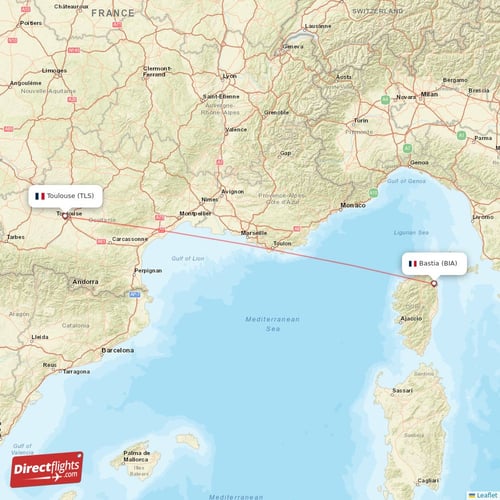 Toulouse - Bastia direct flight map