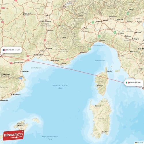 Toulouse - Rome direct flight map