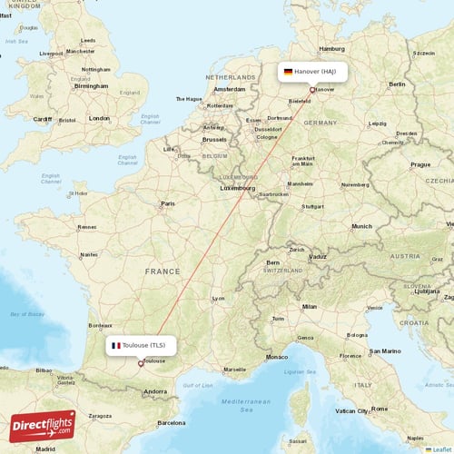 Toulouse - Hanover direct flight map