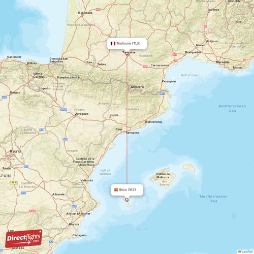 Toulouse - Ibiza direct flight map