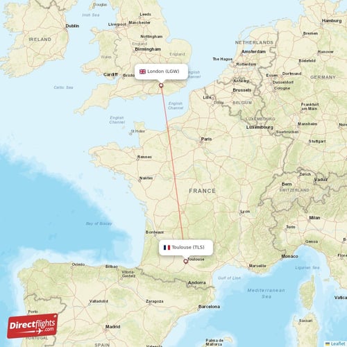 Toulouse - London direct flight map