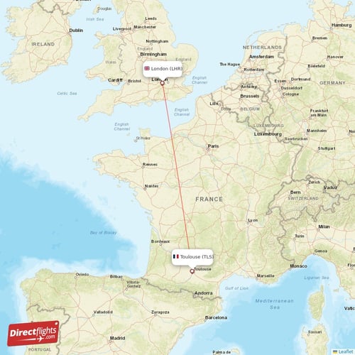 Toulouse - London direct flight map