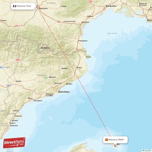 Toulouse - Menorca direct flight map