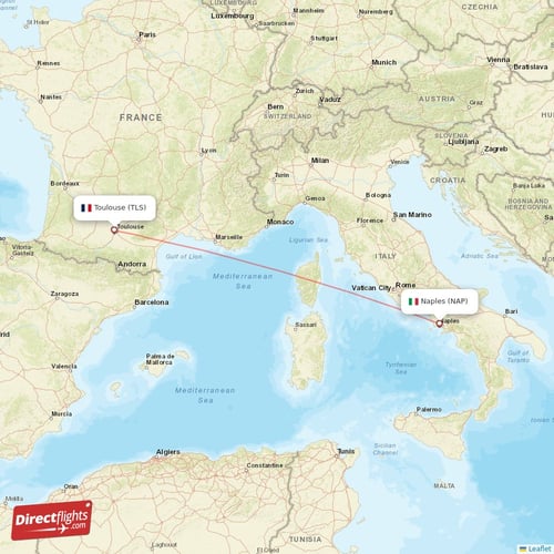 Toulouse - Naples direct flight map