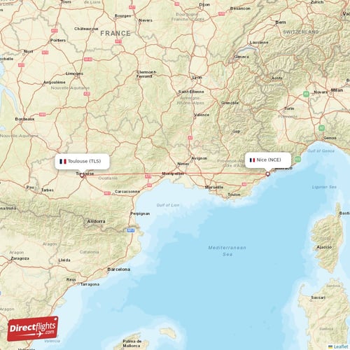Toulouse - Nice direct flight map