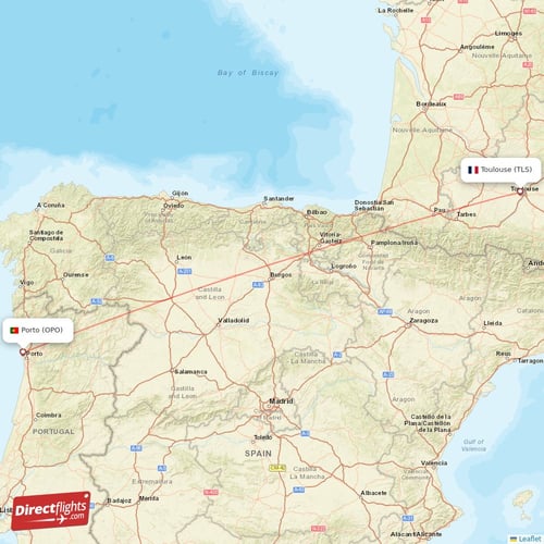 Toulouse - Porto direct flight map