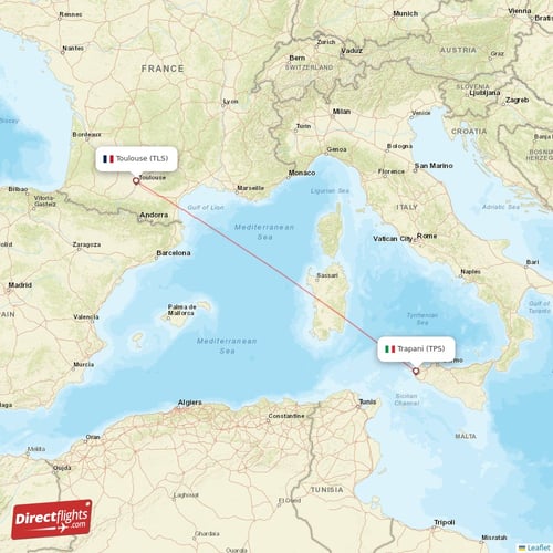 Toulouse - Trapani direct flight map