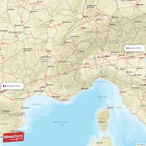 Toulouse - Venice direct flight map