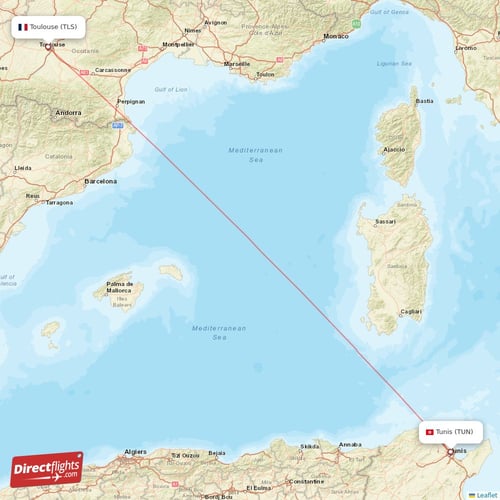 Toulouse - Tunis direct flight map
