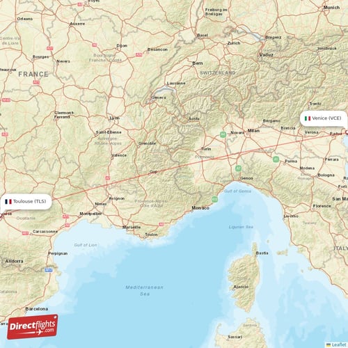 Toulouse - Venice direct flight map