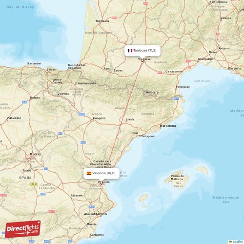 Toulouse - Valencia direct flight map