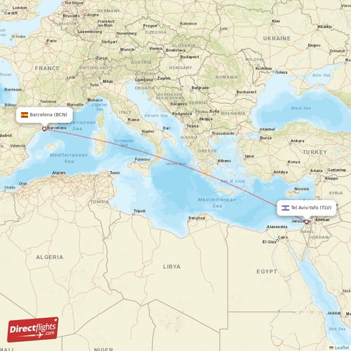 Tel Aviv-Yafo - Barcelona direct flight map