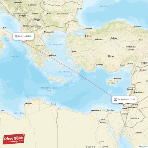 Tel Aviv-Yafo - Kerkyra direct flight map